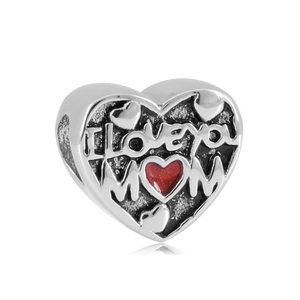 I LOVE YOU MOM heart charm bead in stainless steel with red enamel for DIY bracelets