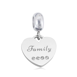 Ασημένιο heart charm με χάραξη Family και τέσσερα ζιργκόν για βραχιόλια Pandora