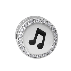 Detailed close-up of a silver music note pendant charm with white zircons around the edge