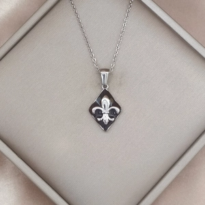 Nahaufnahme der Fleur-de-Lis-Halskette in einer hochwertigen Schmuckschatulle