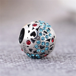 Perle cœur creux en argent S925 avec cristaux bleus et rouges pour bracelets DIY