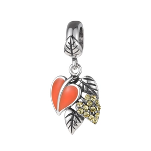 S925 sterling silver heart leaf charm with orange enamel and yellow zircon gemstones