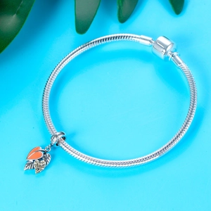 S925 sterling silver snake chain bracelet with orange enamel leaves and heart charms
