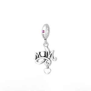 S925 sterling silver MOM heart charm bead with pink zircon for Mother's Day gifts
