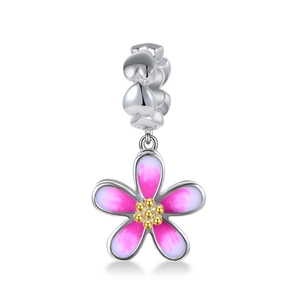 S925 sterling silver pink flower charm bead with gradient enamel for DIY bracelets