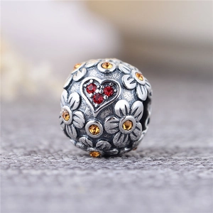 Vintage S925 zilveren hart bloem kraal met rode kristallen voor DIY sieraden armbanden