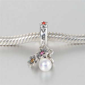 S925 sterling silver floral pearl charm with LOVE engraving and colorful zircon stones
