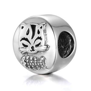 S925 sterling silver cat and fish bone bead charm for DIY bracelet and necklace jewelry