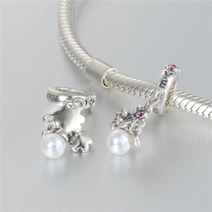 S925 sterling silver flower pearl pendant with heart love engraving on snake chain bracelet