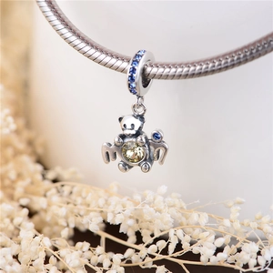 S925 Sterling Silver Cute Bear Mom Charm with Yellow Crystal for Bracelets