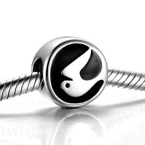 Sterling silver peace dove charm bead with black enamel on a classic snake chain