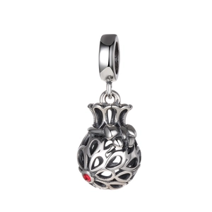 925 sterling silver hollow fortune bag charm with red crystal accent for DIY bracelets