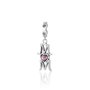 S925 sterling silver MOM heart charm with pink zircon stones for DIY bracelets