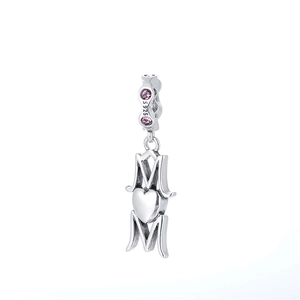 S925 sterling silver MOM pendant charm with pink gemstones for DIY bracelets