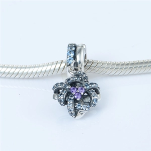 Blue twisted ribbon charm in S925 sterling silver with sparkling zircon for DIY bracelets