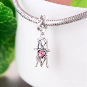 S925 sterling silver MOM charm with pink heart zircon on snake chain bracelet