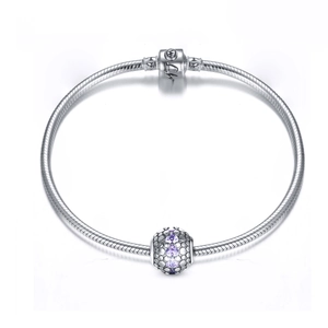 Bracelet maille serpent en argent S925 avec breloque boule sertie de pierres mauves