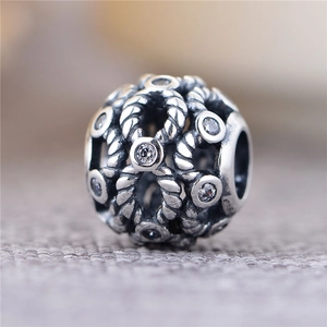 Retro S925 Sterling Silber Hohlperle mit klarem Zirkonia für DIY-Armbänder