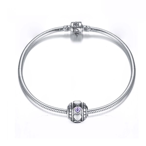 Bracelet à breloques en argent sterling avec chaîne serpent et pierre coeur violette