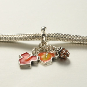 S925 sterling silver autumn acorn and red maple leaf pendant charm for snake chain bracelet