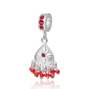 S925 sterling silver charm pendant with red gemstone inlay and tassel detailing