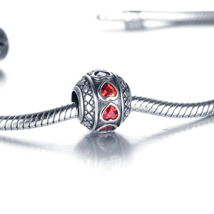 Perle charm en argent sterling S925 vintage avec zircon coeur rouge sur chaîne