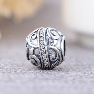 S925 Sterling Silber Perle mit Vintage-Relief und funkelndem Zirkon-Inlay