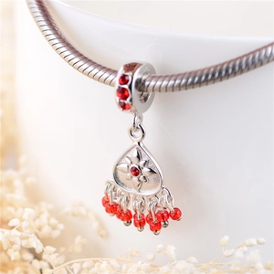 S925 sterling silver drop charm with red stones and starburst engraving for bracelets