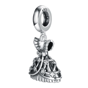 S925 sterling silver dress charm with hollow skirt and sparkling white zircon accents