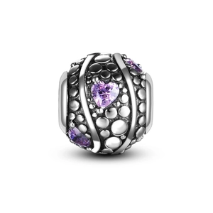 Perle charm en argent S925 avec pierres violettes en forme de cœur et pois en relief