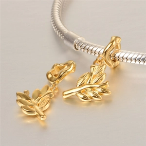 S925 sterling silver gold plated olive branch leaf charm pendant on a snake chain