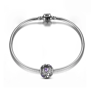 Bracelet maille serpent en argent S925 avec breloque cœur sertie d'une pierre violette