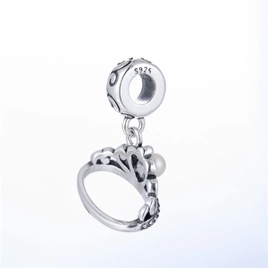 S925 sterling silver crown pendant bead with pearl and engraved scrollwork detail