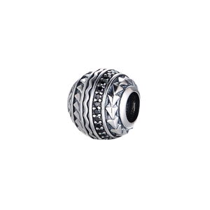 S925 Sterling Silber Perle mit Wellenmuster und schwarz mikroverzierten Edelsteinen