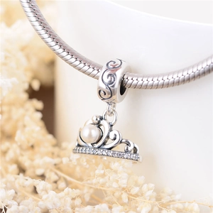 S925 sterling silver crown charm with pearl and cubic zirconia for bracelet pendant