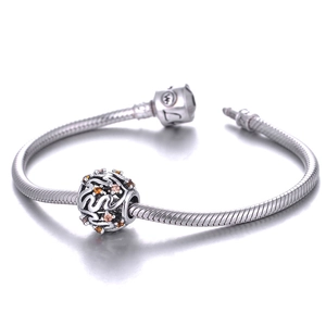 S925 sterling zilveren snake armband met holle kraal en oranje zirkonia edelsteentjes