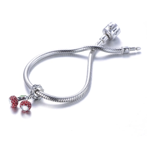 S925 sterling silver cherry pendant bead with red zirconia on silver snake chain