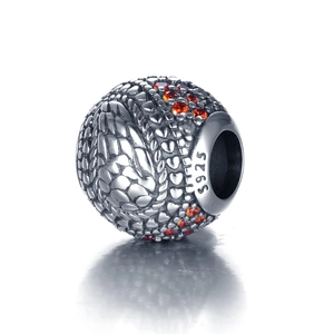 Charm perle aile en argent sterling S925 avec zircons orange-rouge et motif en relief