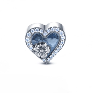 Charm cuore in argento 925 con smalto blu, zirconi cubici e dettaglio floreale