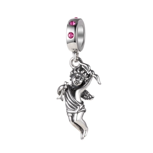 Vintage S925 sterling silver Cupid angel charm pendant with sparkling pink stones