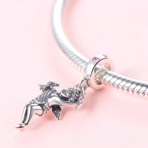 S925 sterling silver Cupid angel charm with pink crystals on a snake chain bracelet