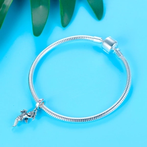 Silver snake chain bracelet with Cupid angel charm and pink zircon stones inlay