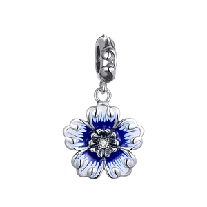 S925 silver blue enamel flower charm with zircon and vintage engraved scroll loop
