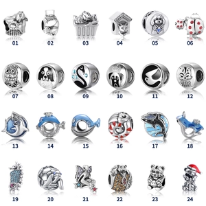 925 Sterling Silver Charms Beads Cute Animal Ocean Whale Cat Dog Pattern Rhinestone Inlaid DIY Bracelet Jewelry Accessories