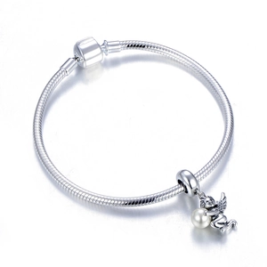 S925 sterling silver snake chain bracelet featuring a delicate angel and pearl charm pendant