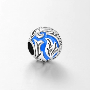 Vintage S925 silver charm with blue enamel vine engraving for DIY bead bracelets