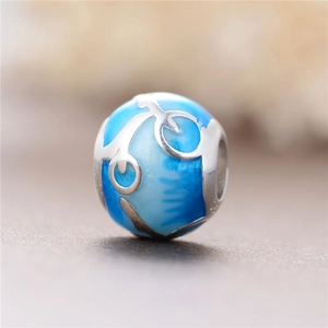 Cuenta redonda de plata de ley S925 con esmalte azul y motivos florales para pulseras DIY