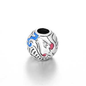 Macro shot of S925 silver charm bead featuring blue and pink enamel patterns with zircon