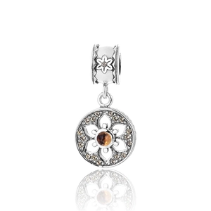 S925 sterling silver flower charm with amber gemstone and white enamel for charm bracelets