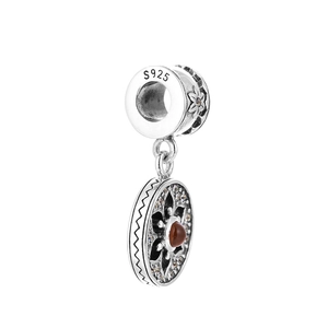 S925 sterling silver flower coin pendant charm with red gemstone for DIY bracelets